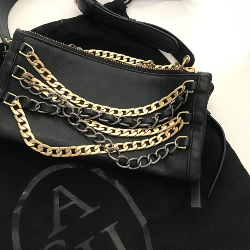 ASH Black Leather Convertible Cross Body Purse Gold Silver Chain - Picture 2 of 14